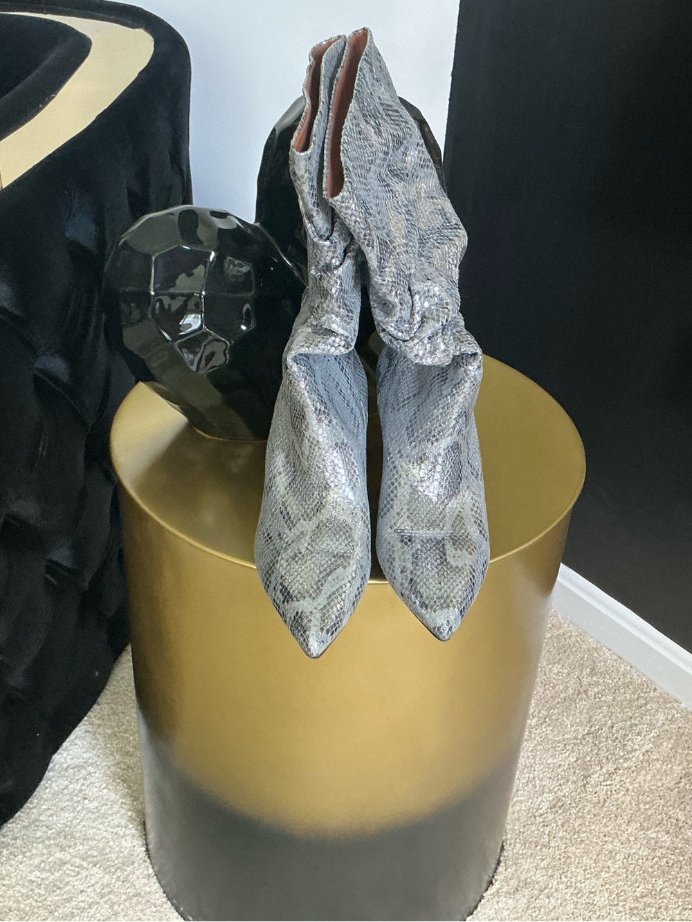 Paris Texas Gray Snakeskin Pointed-Toe Heeled Boots
